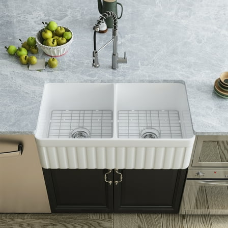 DeerValley Nova DV-1K503 Fireclay White Double Basin Farmhouse Kitchen Sink with Grid & Basket Strainer (33"L x 18"W x 10"H)