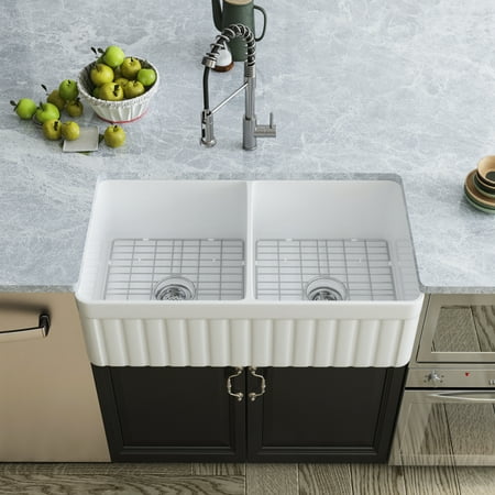 DeerValley Nova DV-1K503 Fireclay White Double Basin Farmhouse Kitchen Sink with Grid & Basket Strainer (33 L x 18 W x 10 H)