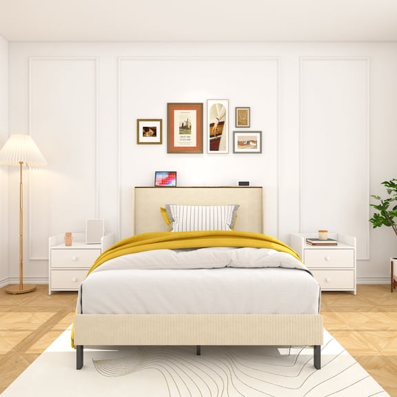 Pinovk Queen Size Platform Bed , Metal Bed Frame with Charging Station, No Box Spring Needed, (Beige), Noise Free,Easy Assemble.