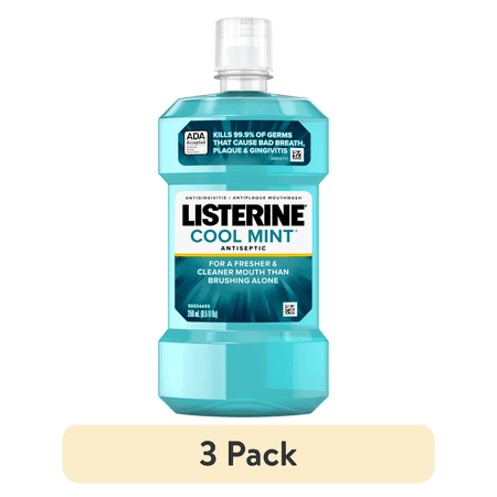 (3 pack) Listerine Cool Mint Intense Antiseptic Mouthwash, For Bad Breath & Plaque Oral Care, 250 mL