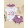 thumbnail image 2 of Suealasg Baby Girl Outfit Newborn Girl Easter Clothes Letter Rabbit Print Short Sleeve Rompers Bobbles Shorts Headband 3Pcs Newborn Summer Clothing, 2 of 9