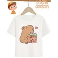 thumbnail image 1 of Youngsters' Capybara Boba Tea Graphic T-Shirt - 100% Cotton, Breathable & Comfortable, Purple Short Sleeve Crew Neck for Casual Wear, Casual Outing Attire|Whimsical Youngsters' Design|Comfortable Fab, 1 of 5