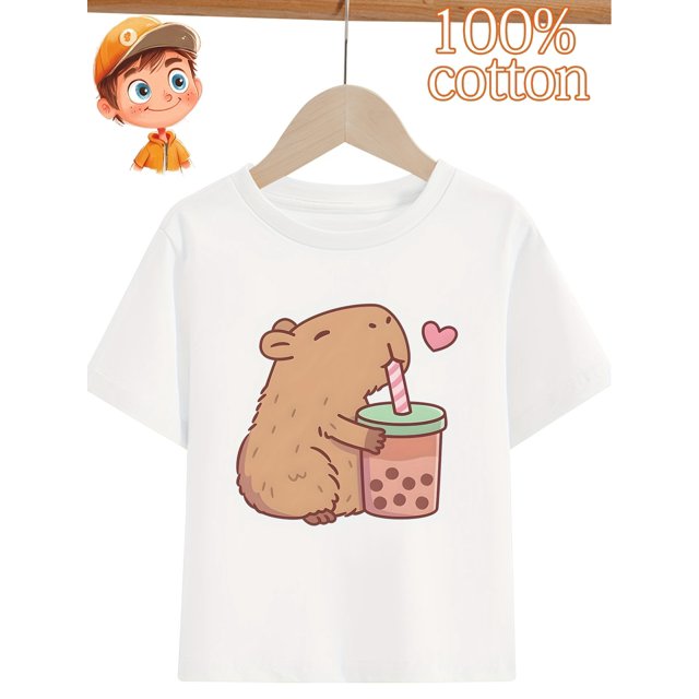 Youngsters' Capybara Boba Tea Graphic T-Shirt - 100% Cotton, Breathable & Comfortable, Purple Short Sleeve Crew Neck for Casual Wear, Casual Outing Attire|Whimsical Youngsters' Design|Comfortable Fab