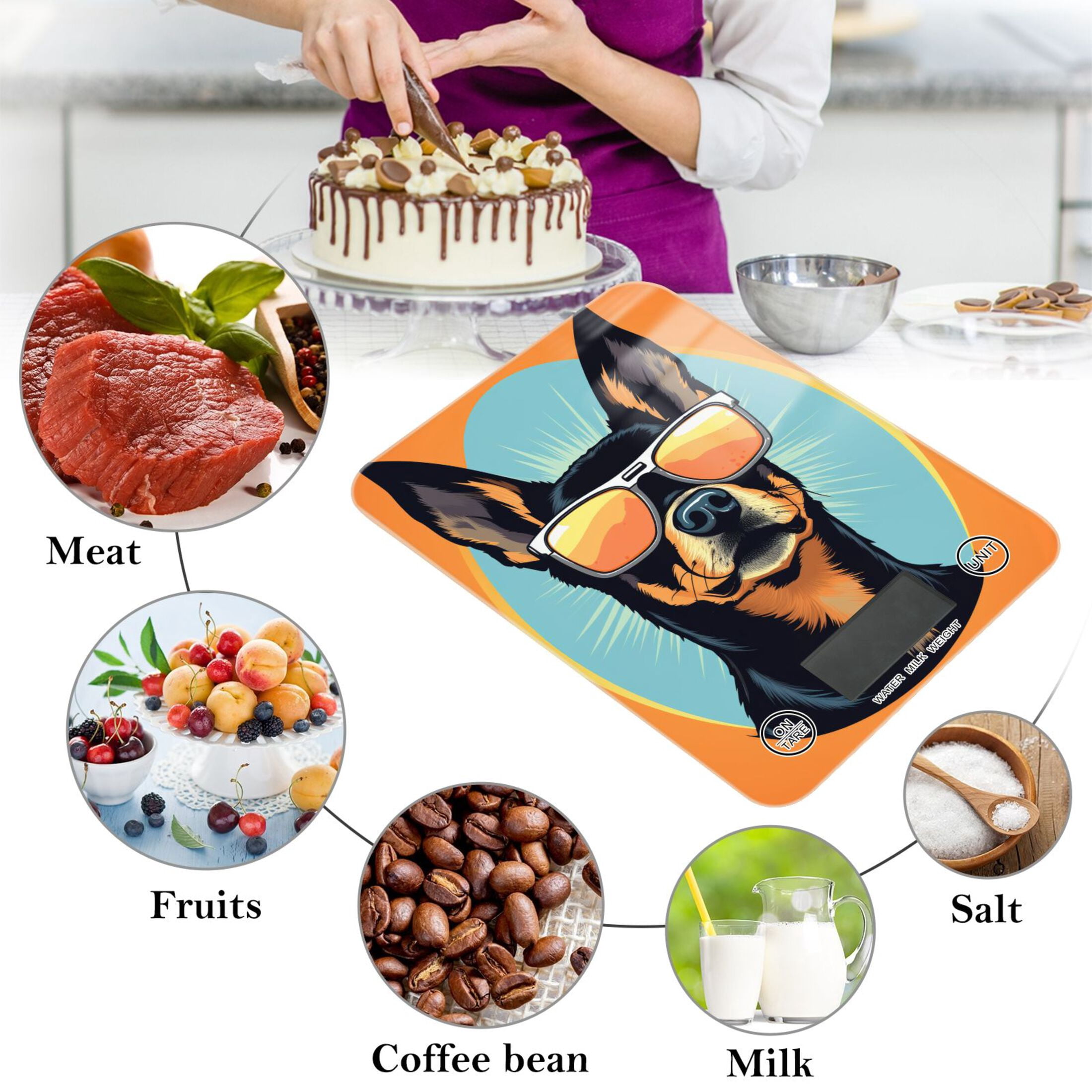 Dog Sunglasses Circle Food Scale Digital Kitchen Scale Waterproof Tempered Glass Tare Function 11 lb for Baking Cooking Meal Prep