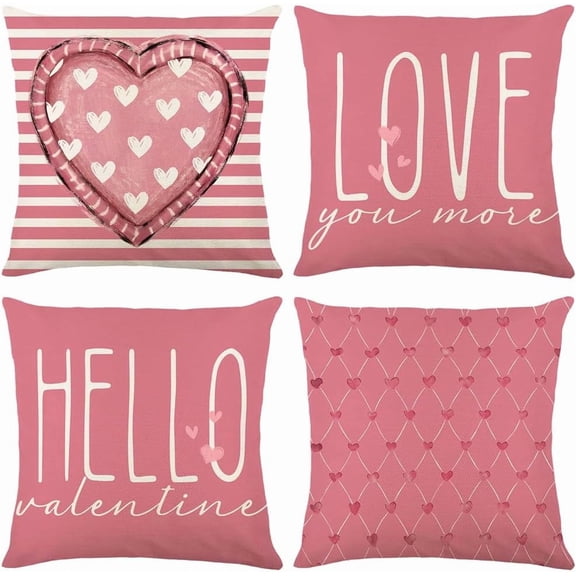 Valentines Day Pillow Covers 20 x 20 Inch Set of 4 Hello Valentine Love You More Pink White Stripes Heart Throw Pillows Decorative Cushion Cases Valentines Decor Pink