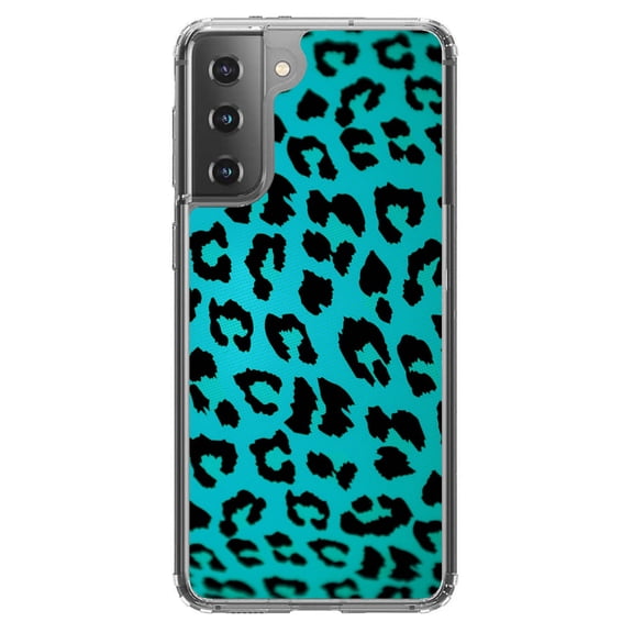 DistinctInk Clear Shockproof Hybrid Case for Galaxy S21  PLUS 5G (6.7" Screen) - TPU Bumper, Acrylic Back, Tempered Glass Screen Protector - Teal Black Leopard Skin Spots