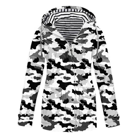 50% OFF Deals JSGEK Women s Camo Rain Jacket Waterproof Hooded Lightweight Windbreaker Outdoor Anorak Coat Long Sleeve Raincoat Multicolor M