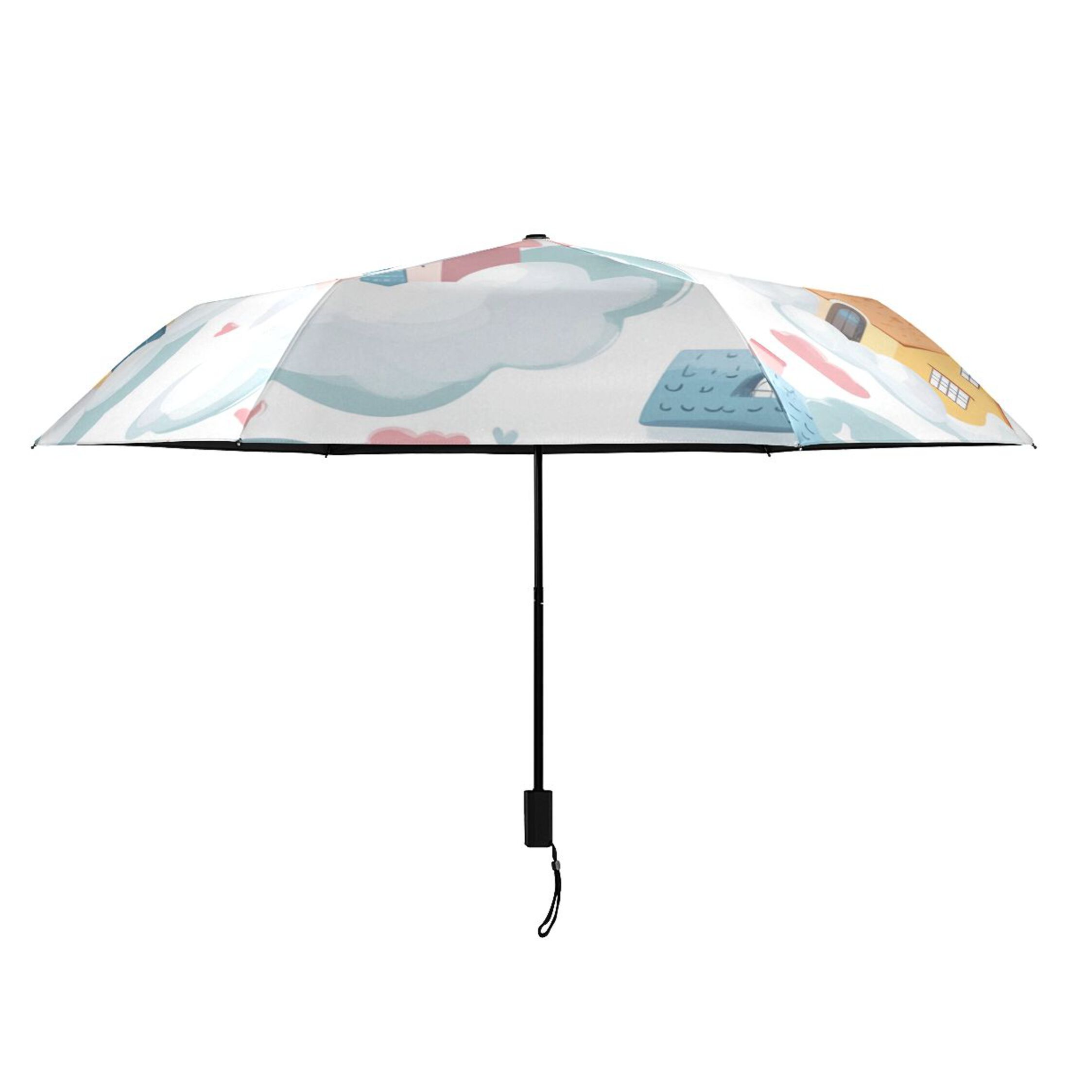 Cute Houses in The Clouds Hearts All Weather Umbrella Triple Folding Parasol 6 Ribs UV Protection Portable