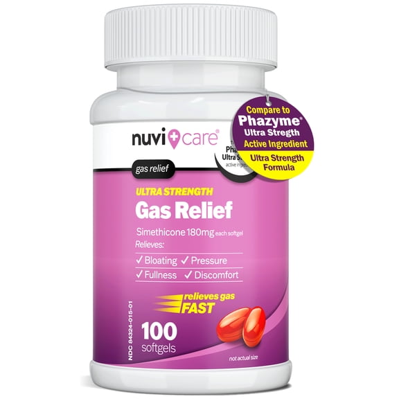 NUVICARE Ultra Strength Gas Relief - Simethicone 180mg Softgels - Anti Gas and Bloating Relief - Compare to The Active Ingredient in Phazyme Anti Gas Pills - Stomach Gas Relief for Adults (100 Count)