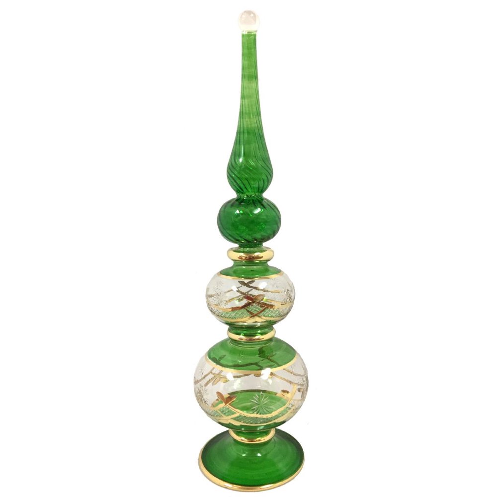 Green and Gold Etched Egyptian Glass Christmas Tree Topper with Base