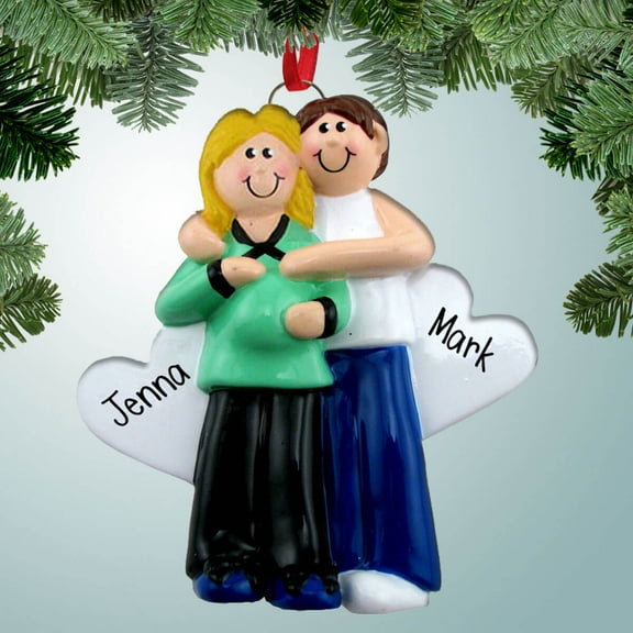 Pregnant Couple with Two Hearts - Blonde Hair F - Personalized Christmas Ornament - Perfect Stocking Stuffer - Great Gift Ideas
