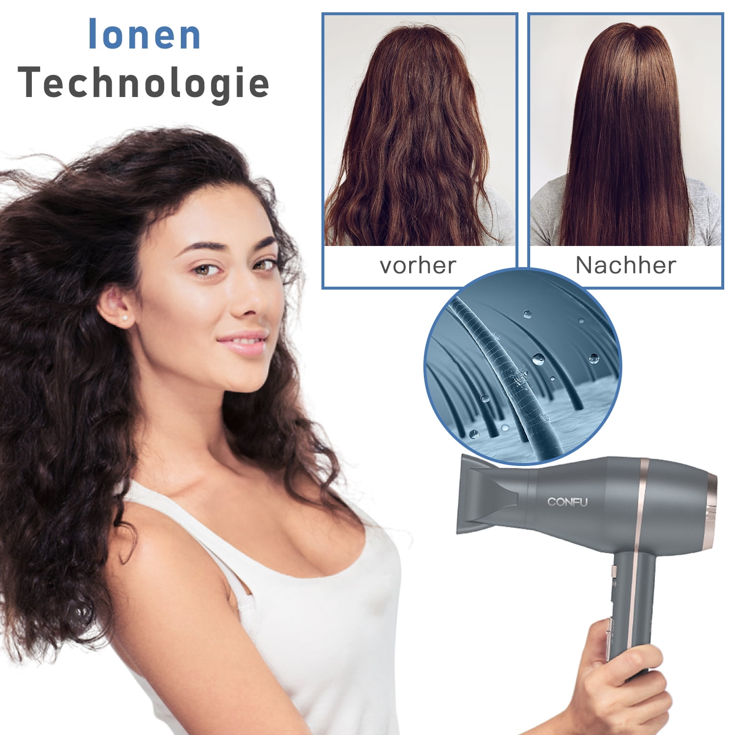 CONFU Hair Dryer, 3 Heat Settings & Infinity Speed for All Hair Types