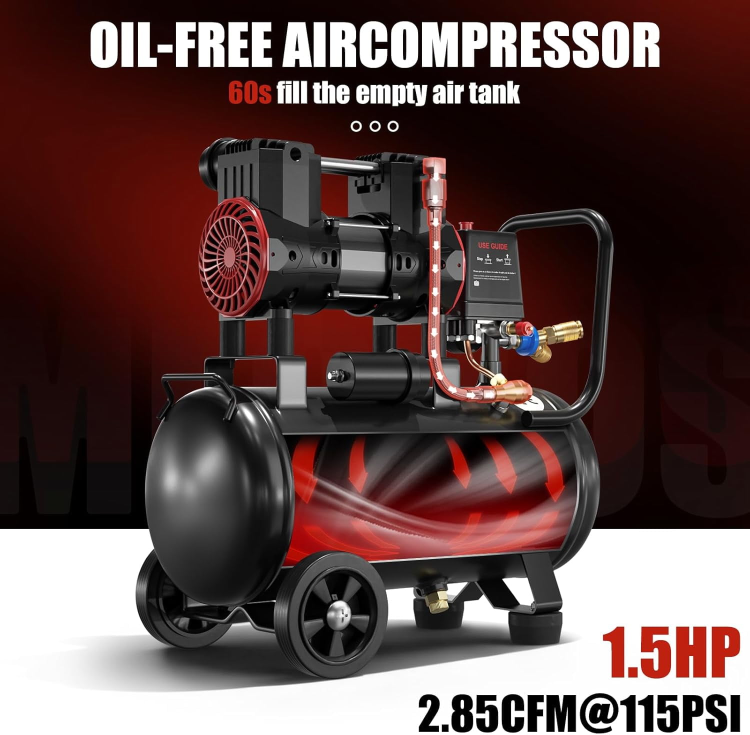 EAYSG Ultra Quiet 8 Gallon Air Compressor, 1.5 HP Oil-Free Portable Tank, 2.85 CFM @ 115 PSI, 110V – Ideal for Garage, Home DIY, Tire Inflation, Nail Guns & More