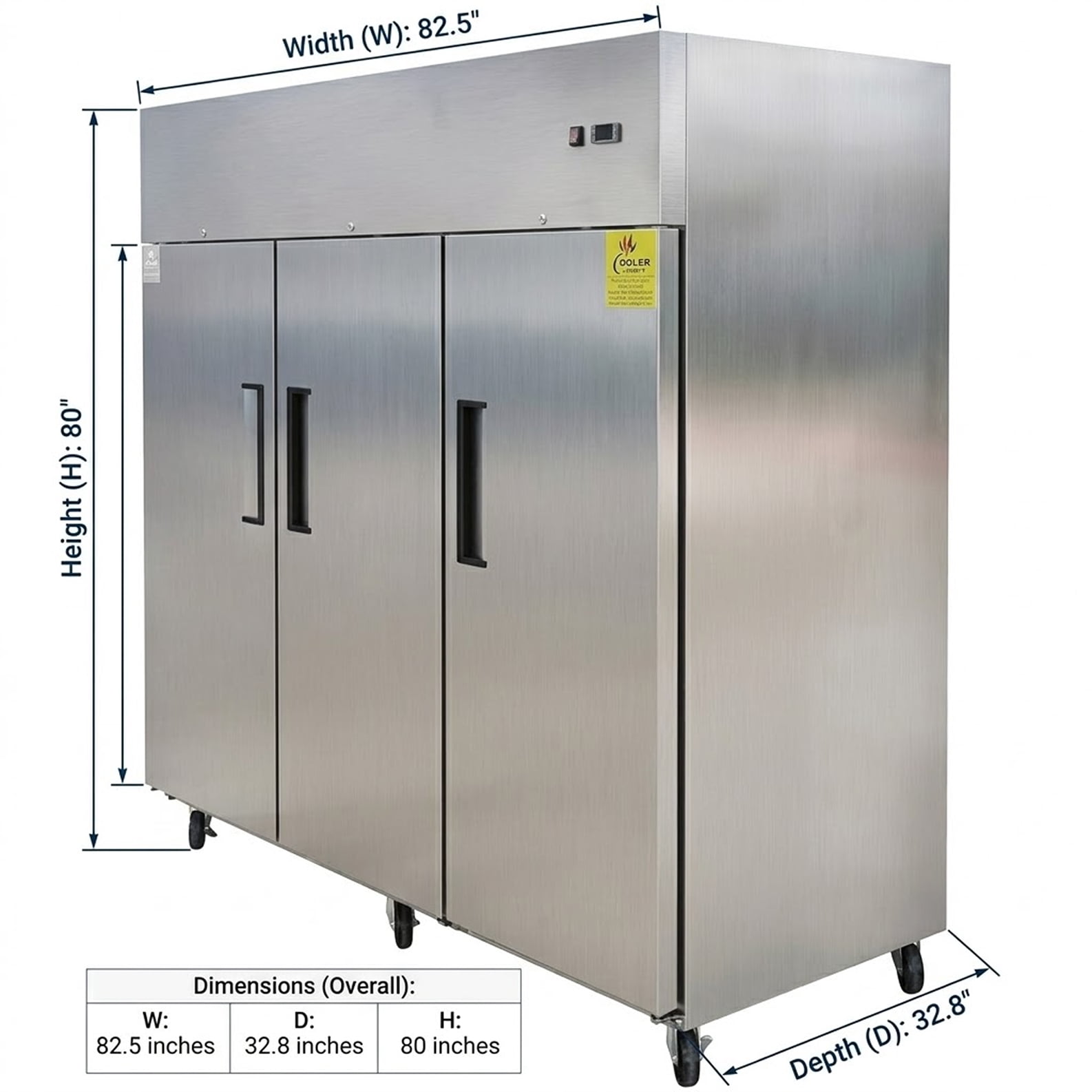 NSF 82 Inch Commercial 3 Door Reach In Refrigerator 66 cu.ft. Stainless Steel Top Mount 115V, ETL R290