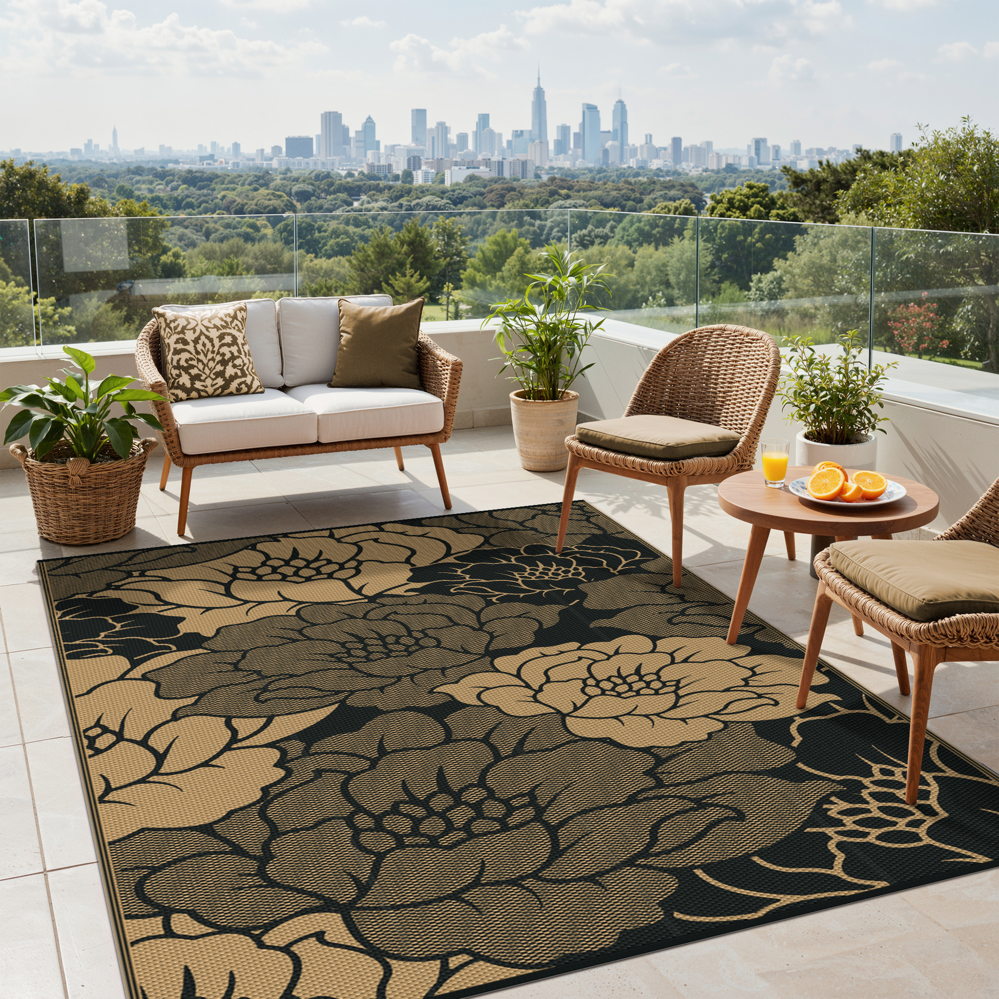 KUETH 6'x9' Waterproof Outdoor Rug, Black & Brown