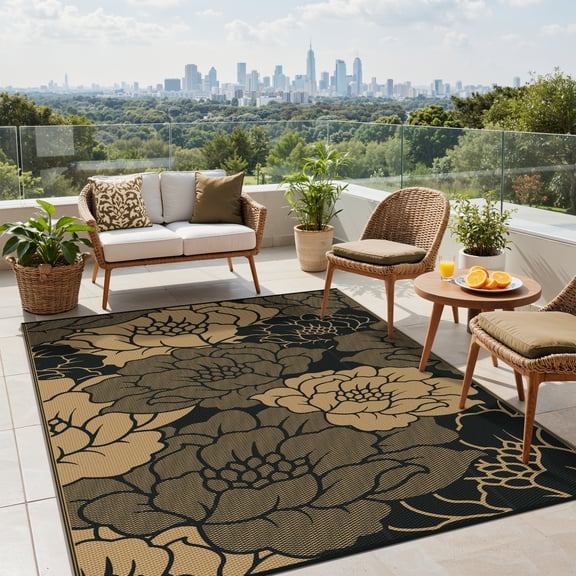 KUETH 6'x 9' Outdoor Rug Plastic Waterproof Outside Foldable Flower Mat UV Resistant Patio RV Deck Carpet,Black Brown