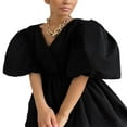 thumbnail image 3 of Robe Mini à Manches Bouffantes Mi-Longues pour Femmes Col en V Taille Haute Robe Courte à Volants, 3 of 6