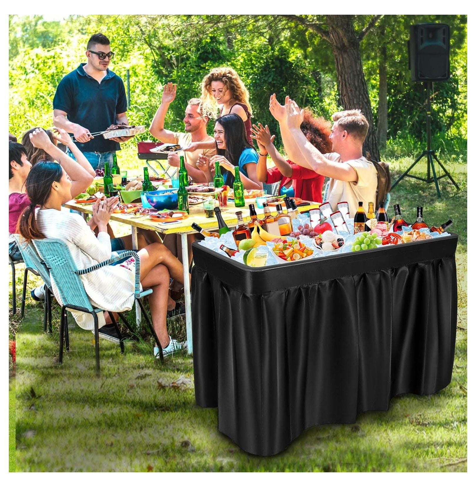 Folding Ice Cooler Table with Matching Skirt, Drain Hose & Bucket, Foldable Beverage Cooler Buffet Cooler Server, Portable Chill Table for Party, Picnic, BBQ, Camping (Black)