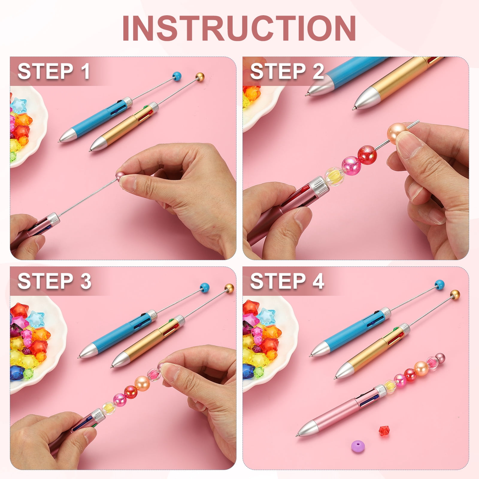 Uxcell 4 Colors Beadable Pens, 6Pcs 1.0mm Point Retractable Pen for DIY Crafts