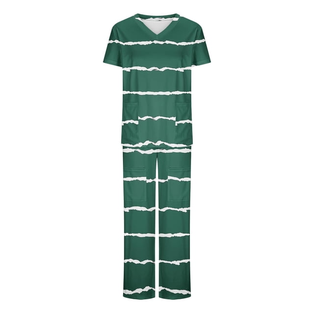 TIMIFIS Plus Size Scrub Set for Women Printed Summer V-Neck Scrub Top And Long Pants Nursing Uniform Jogger Suit Workwear with Pockets - Spring/Summer