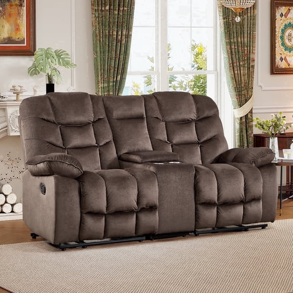 Ebello 77" 2-Seater Manual Recliner Sofa, Breathable Fabric Reclining Loveseat with Cup Holders & Storage Console for Living Room, Dark Brown