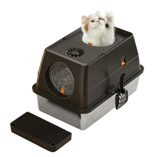 Cat Litter Box Enclosure With Lid For All Cats, High Sided Stainless Steel Litter Tray, Anti-Leaking, Covered Litter Box Cat Toilet With Sand Filter Pedal