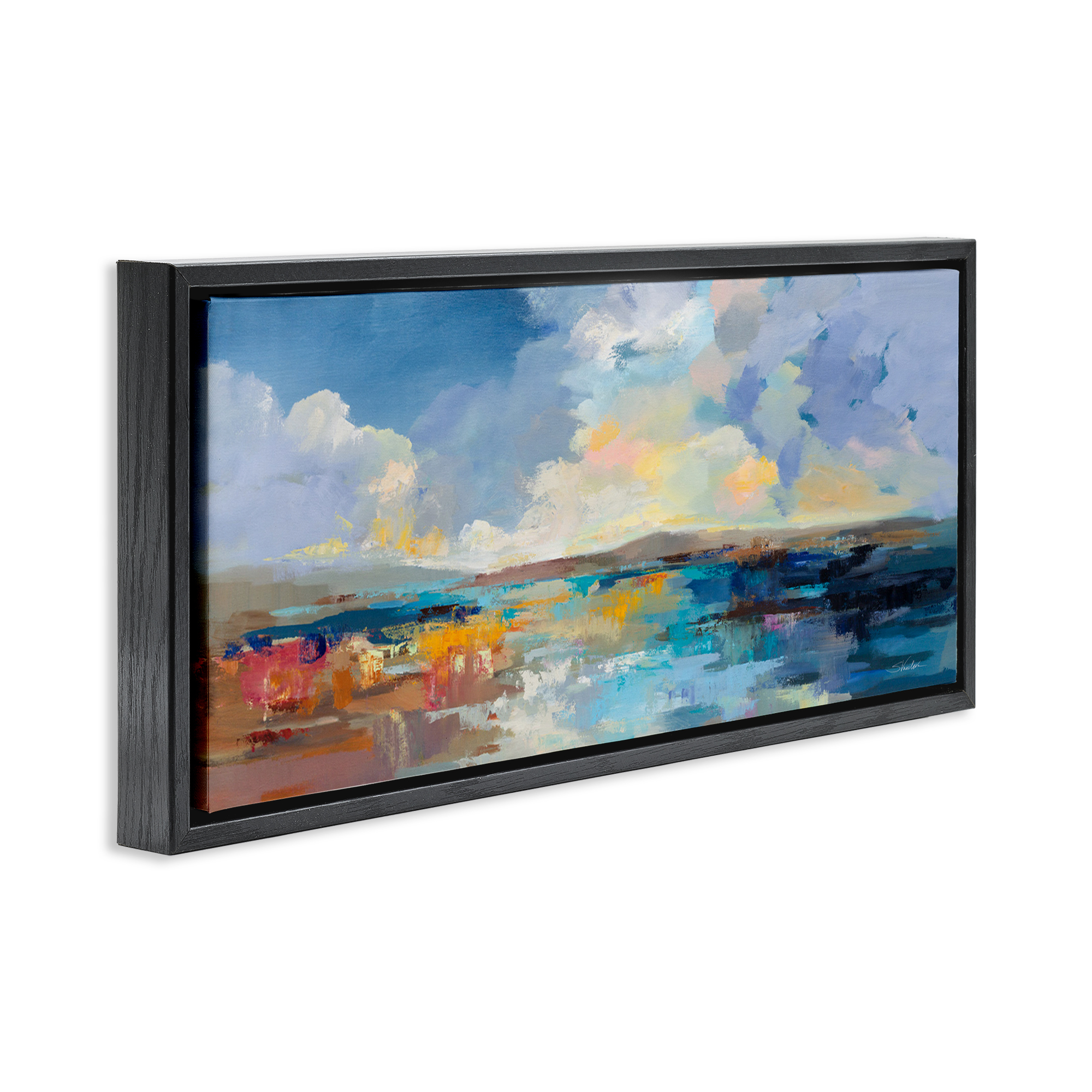 Stupell Industries Seaside Sunset Abstract Landscape Painting Black Floater Framed Canvas Art Print Wall Art, 31 x 14