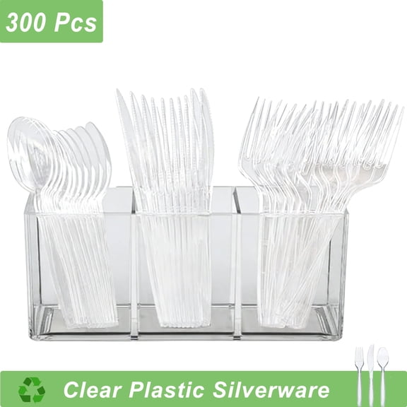 300 Count Clear Silverware Disposable Cutlery Heavy Duty Plastic Fork Spoon & Knife for Party,  BPA-Free