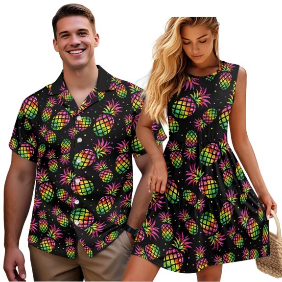 Garronmavis Matching Beach Outfits for Couples Mens Short Sleeve Shirt Summer Beach Shirts Size 7XL and Polyester Vacation Women Sundress Black Pineapple Tank Dress