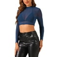 thumbnail image 3 of INSPIRE CHIC Valentine's Day Women's Crop Top Semi-Sheer Mesh Long Sleeve Crew Neck Blouse XS Solid Dark Blue, 3 of 6