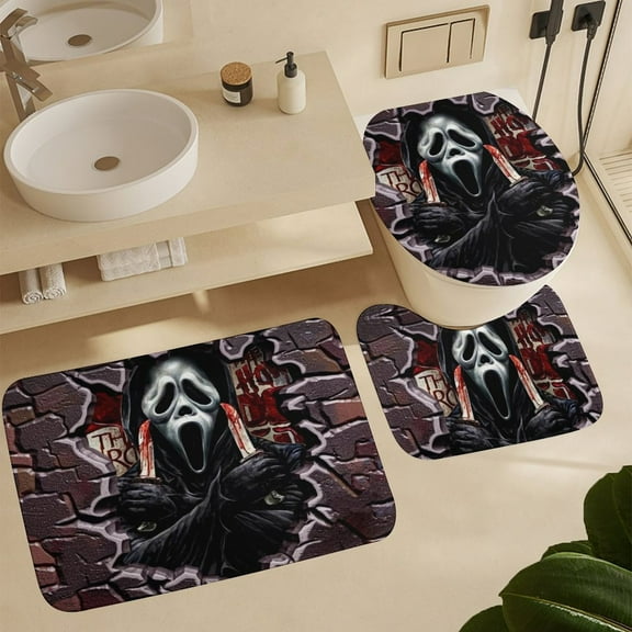 Ghostface Bathroom Rug Set 3 Halloween Bath Mats Coral Velvet Cover Floor Mat U-Shaped Shower Mat Toilet Lid Cover 16x24inch