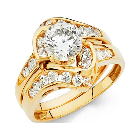 Round CZ Solitaire Bridal Rings Set 14k Yellow Gold Engagement Ring & Wedding Band Side Stones Size 7