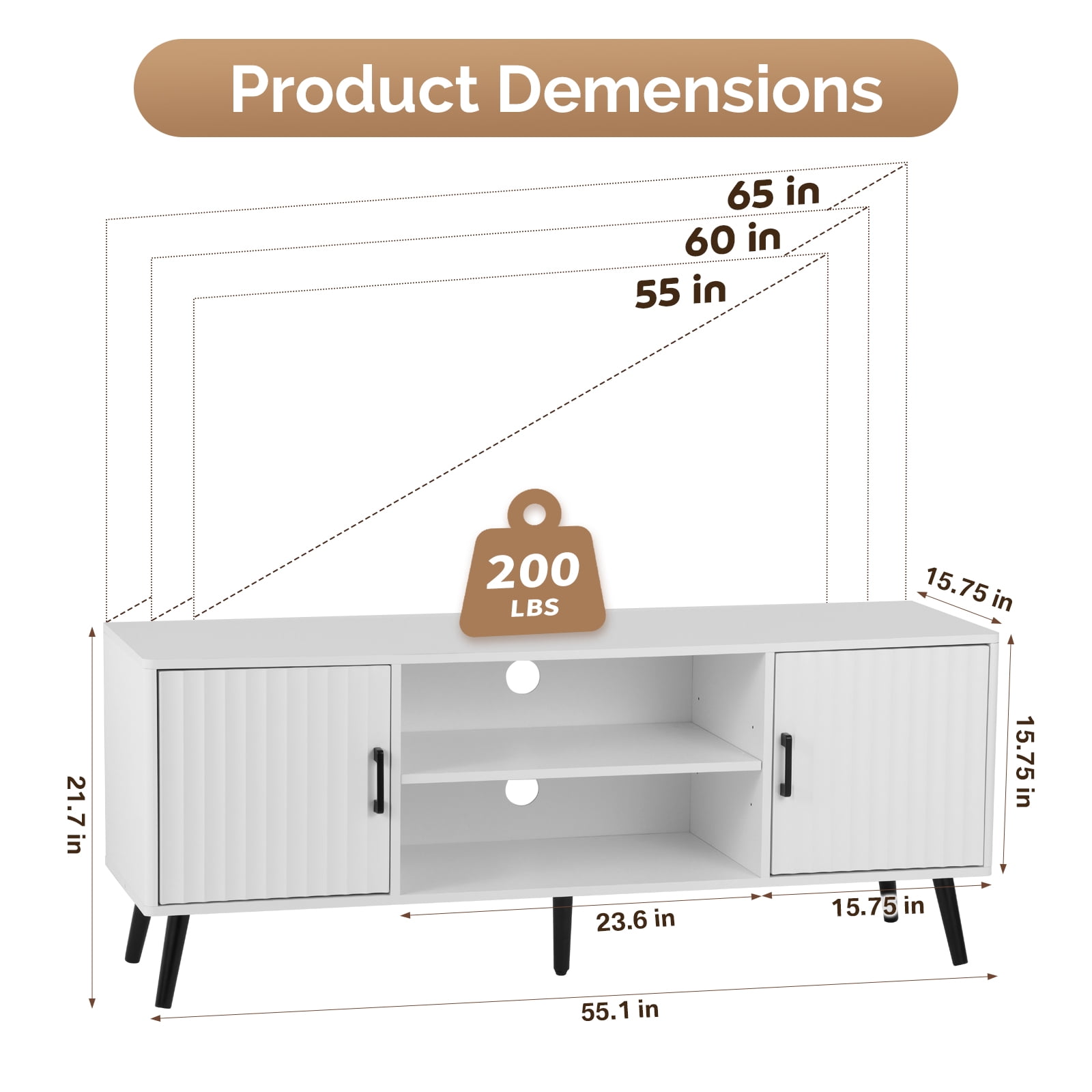 KATHY&BOB Modern TV Stand for 55-65 Inch TV, Media TV Console Table with 2 Storage Cabinets and Adjustable Shelf, Wood Feet, White