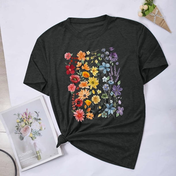 Fiudx Liquidación de Ahorros de Verano Blusas con Estampado de Flores Pequeñas para Mujer Top de Manga Corta con Cuello Redondo