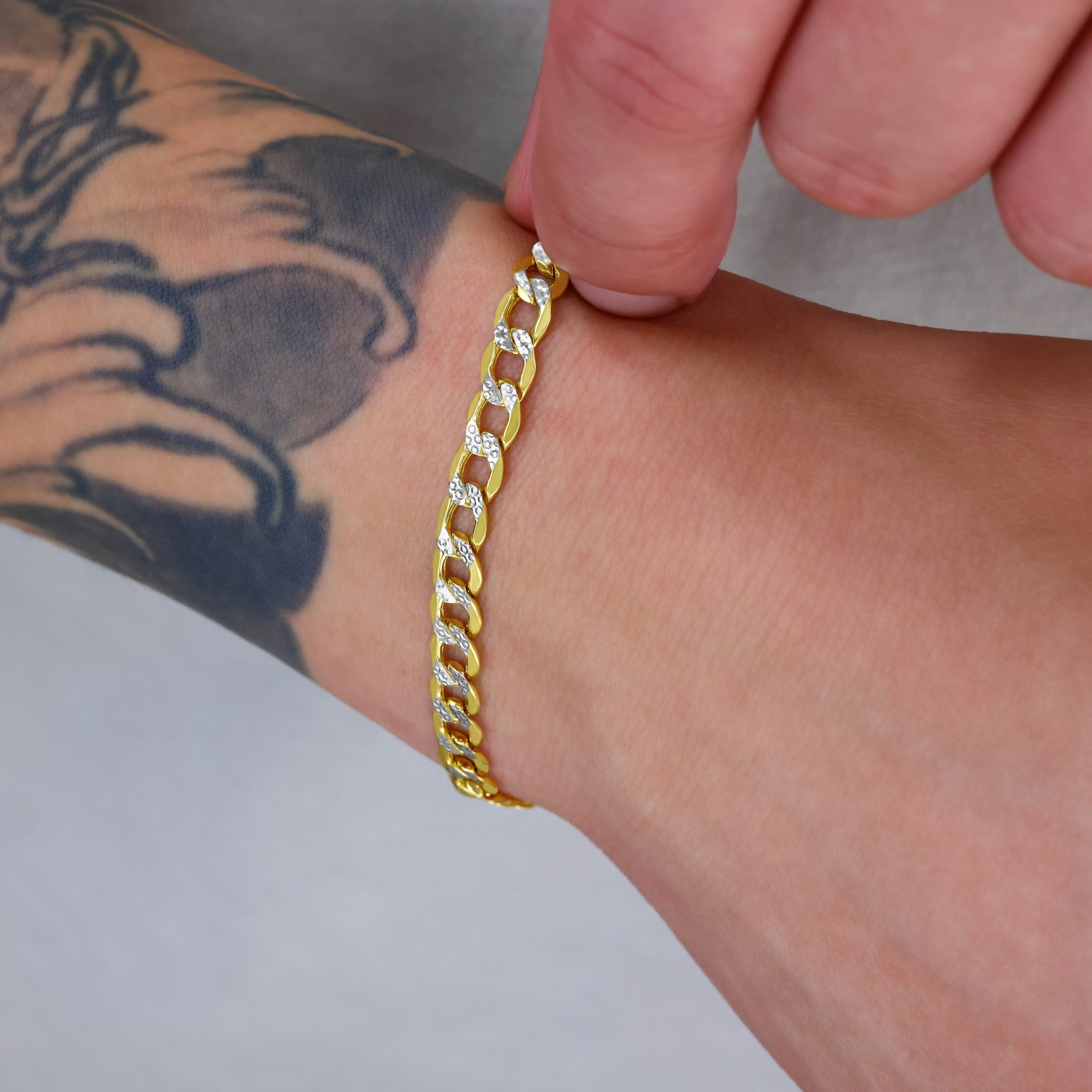 Nuragold 10k Real Yellow Gold Cuban Curb Link 5.5mm Diamond Cut Pave Chain Bracelet (7"-9") Two Tone Italian Jewelry for Men & Women