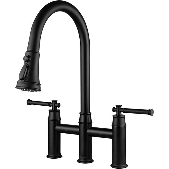 Brushed Gold Bridge Kitchen Faucet with Pull Down Sprayer, Lava Odoro Transitional Brass Kitchen Sink Faucet 3 Hole 2 Handle Spot-Resistant, Lead-Free, KF501-SG