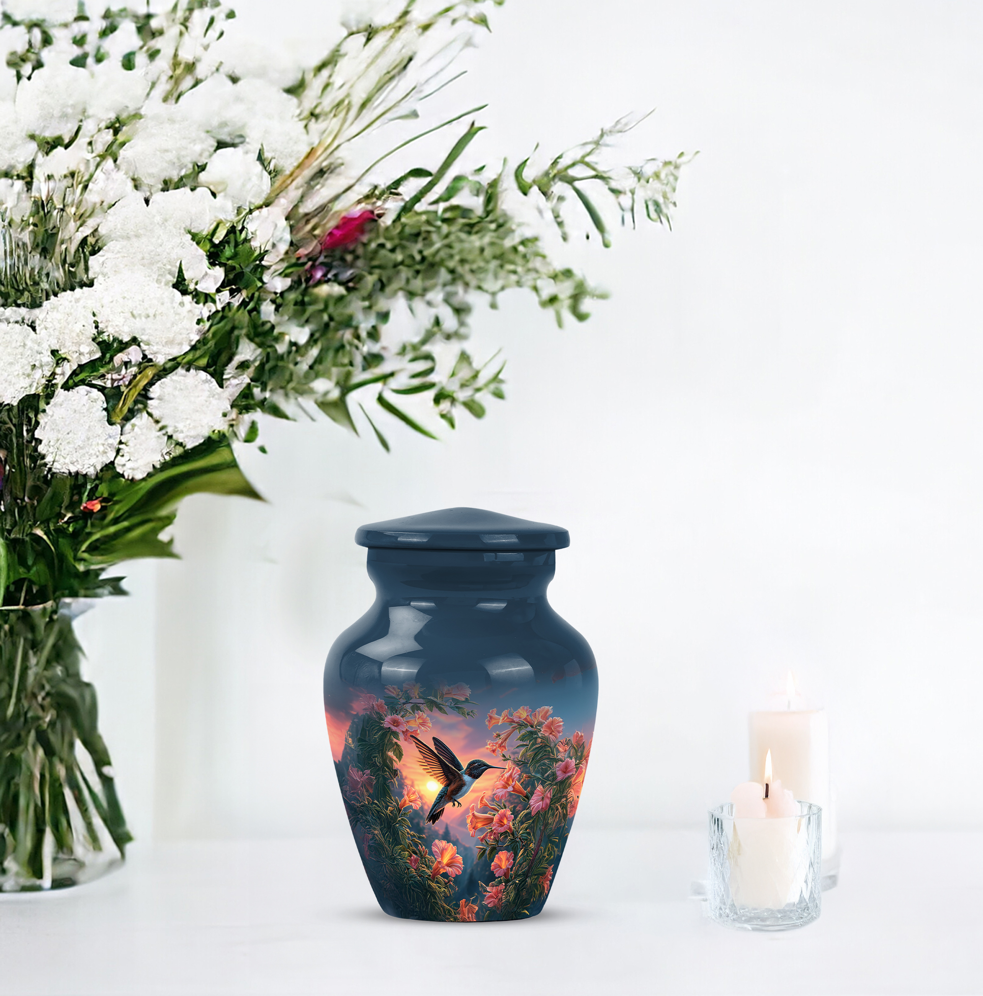 MUKTIVE Humming Bird Cremation Urn for Human Ashes Adult - keepsake Memorial Urns for Mom & Dad - Human Remains Blue Urn for Men & Women - Decorative Flower Urns for Burial - 3 Inch