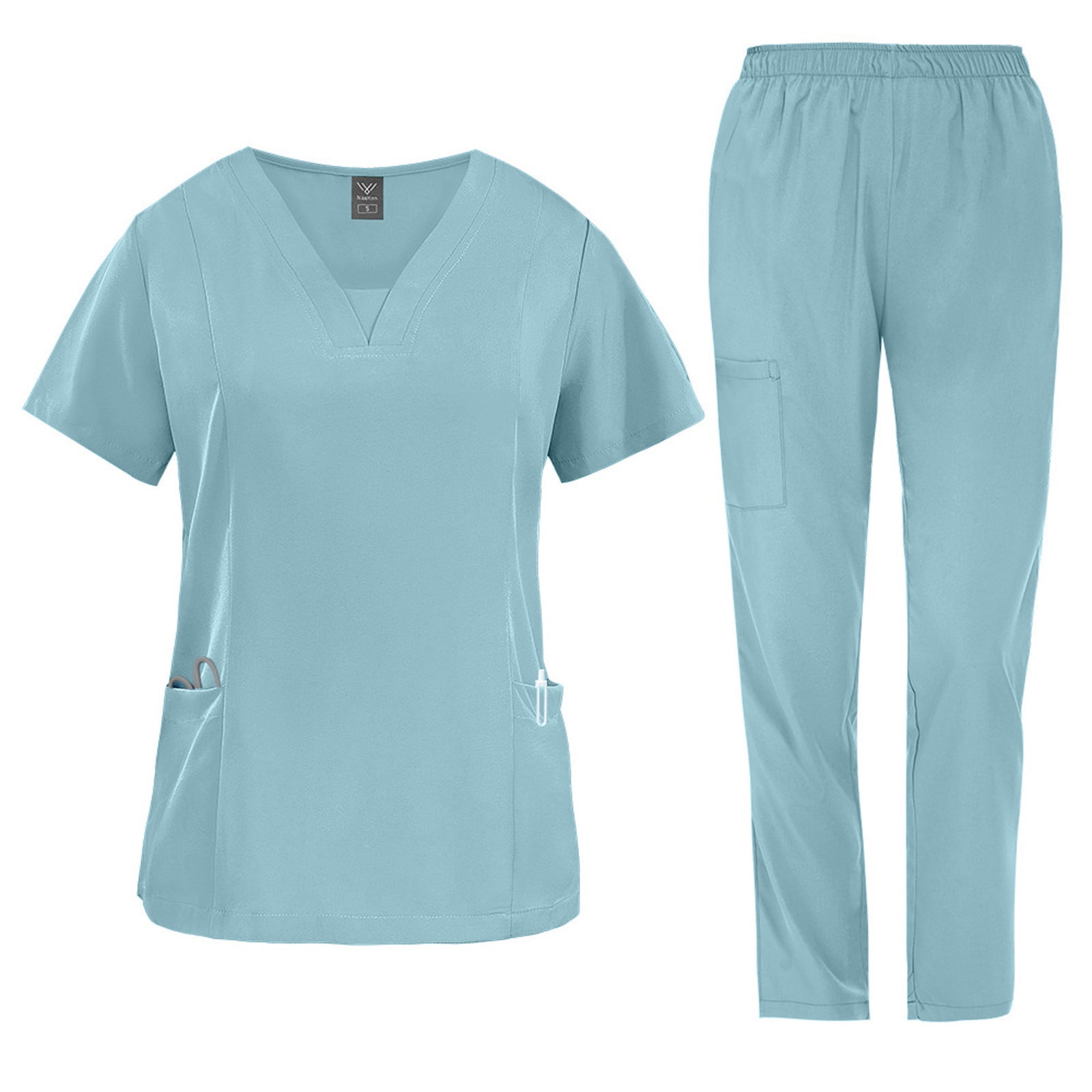 JULMCOMO Scrubs for Women Set V Neck Short Sleeve Hospital Nursing Scrub Top Comfy Elastic Waist Pants Medical Uniforms with Multi Pockets Light Blue XL