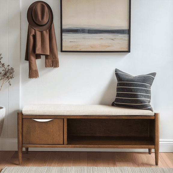 "Modern Solid Wood Accent Bench with Storage - 1-Piece, Non-Slip Cushion"