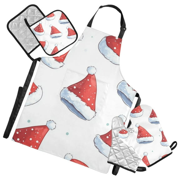 Christmas Hats Cartoon Apron Set with Oven Mitts Pot Holders Set of 5 Kitchen Stuff Accessories