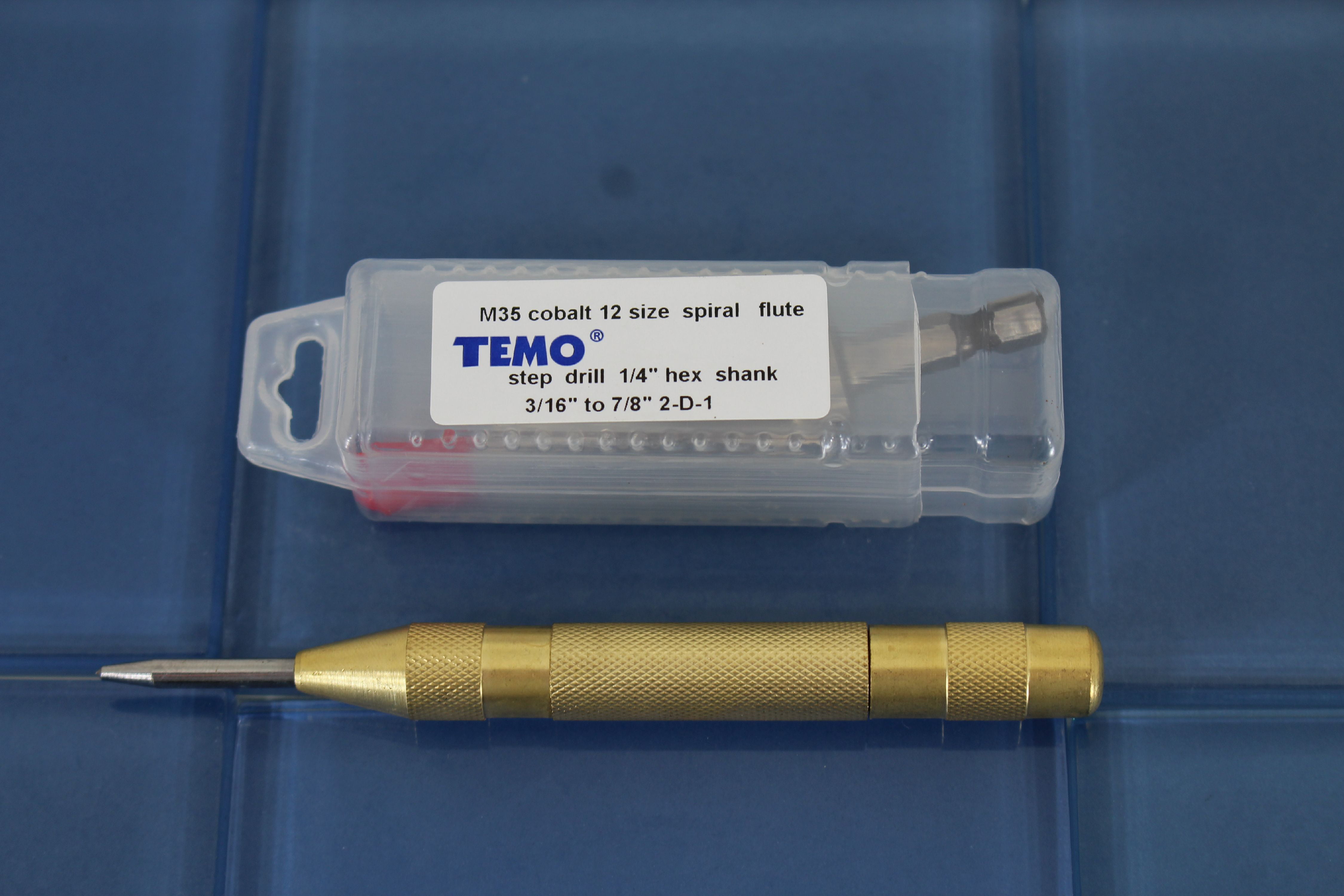 4.8mm TEMO M35 Cobalt Spiral Flute 12 Size Step Drill 3//16 inch to 7//8 inch 22.2mm Plus Auto Center Punch Set