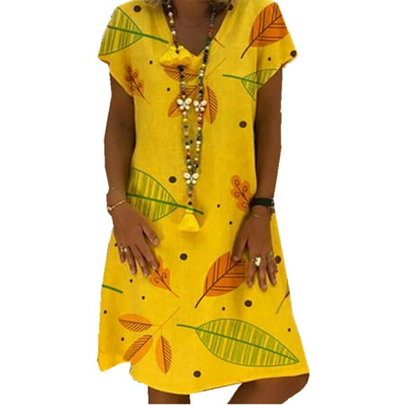 Leaf Print Women V-neck Casual A-line Knee-length Dress