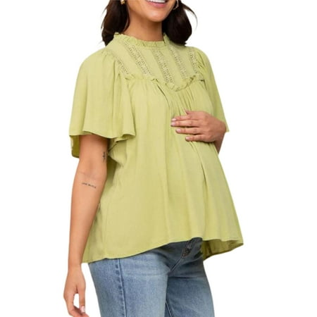 

Maternity Clothes Shirt Women Flower Crochet Short Sleeve Ruffles Blouses Loose Tops for Pregnancy