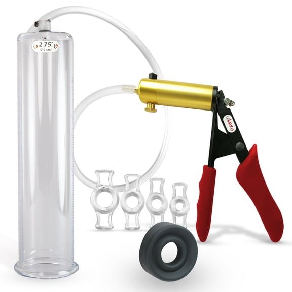 LeLuv Ultima Penis Pump, Brass w/ Red Handle, Silicone Grip, Clear Hose | TPR Seal, 4 Cock Rings | 12" x 2.75" Cylinder