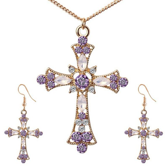 Jiaroswwei Women Rhinestone Inlaid Cross Pendant Chain Necklace Hook Earrings Jewelry Set