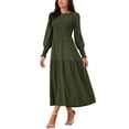 thumbnail image 4 of INSPIRE CHIC Women's Casual Long Sleeve Dress Crewneck Relaxed Fit Smocked Tiered Flowy Boho Long Dresses M Army Green, 4 of 5