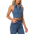 thumbnail image 4 of INSPIRE CHIC Women's Top Denim Halter Zipper Up Collared Sleeveless Jean Tank Tops XS Blue, 4 of 6