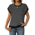 thumbnail image 1 of Yuzhih Hauts en Coton à Manches Courtes pour Femmes Tendance Col Rond Rayé Chandail Gilet Chemise de Vacances Été Printemps, 1 of 7