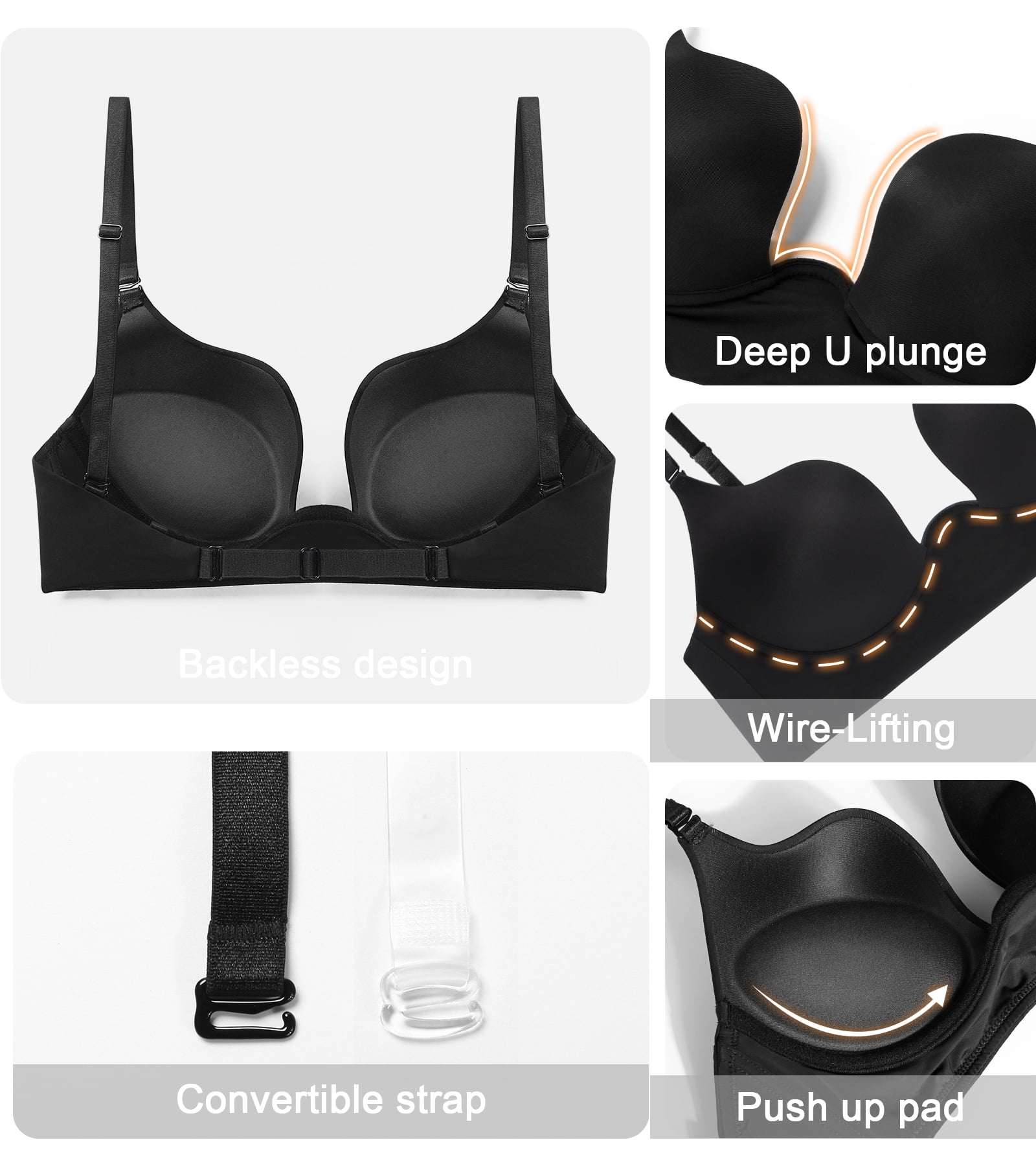 Exerin Women's Plunge Backless Bra Underwire Push Up Padded Multiway Low Back Bras(32B,Black)