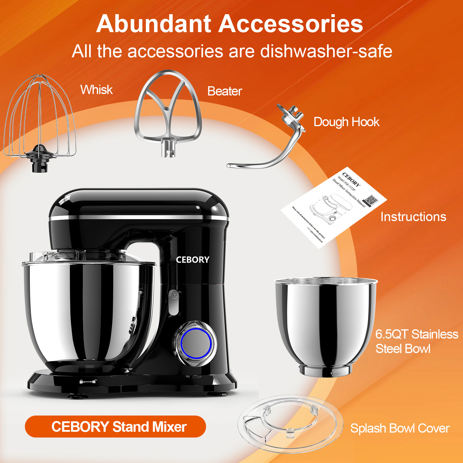 Cebory 3-In-1 Stand Mixer, 6.5 Qt Tilt-Head, 10-Speed photo 4